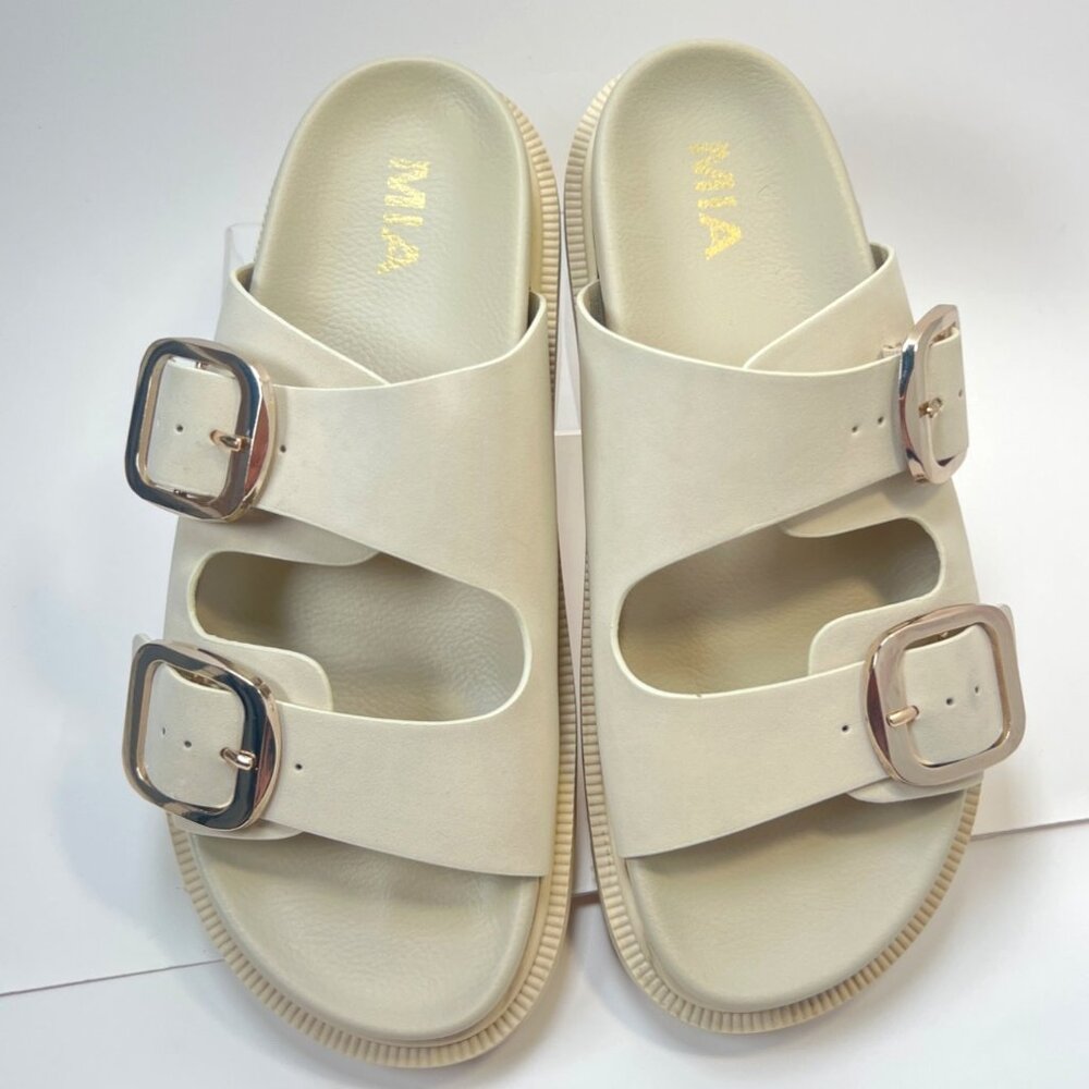 MIA Gen Chunky Sandals Women Double Buckle Beige Slides Size 7.5 - Picture 3 of 8